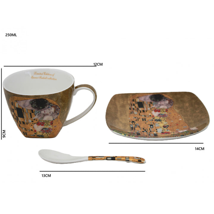 Sada 2 porcelánových šálků Queen Isabell, motiv Klimtův polibek, lžičky, 250 ml, W25KL60-2-19000