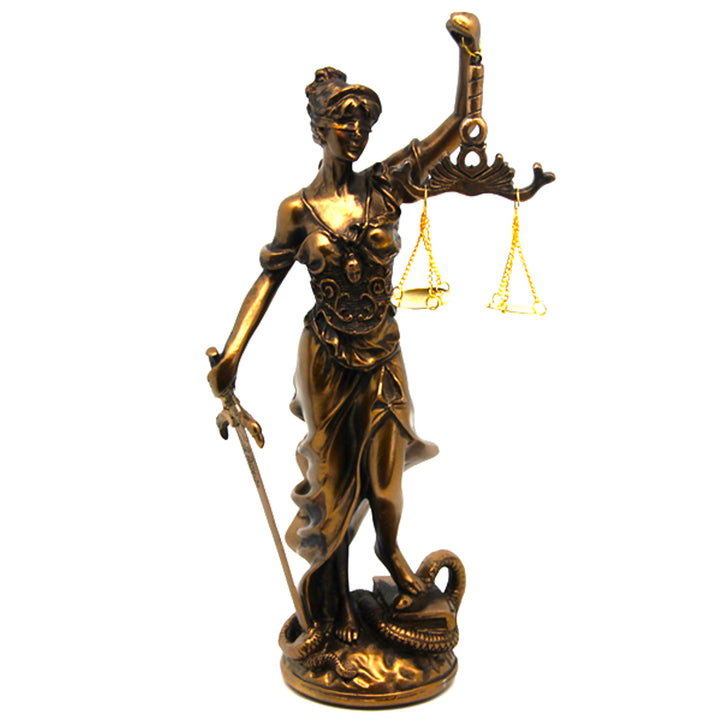 Figurka Temidy s váhou a mečem, bronzová právní plastika, královna Isabel