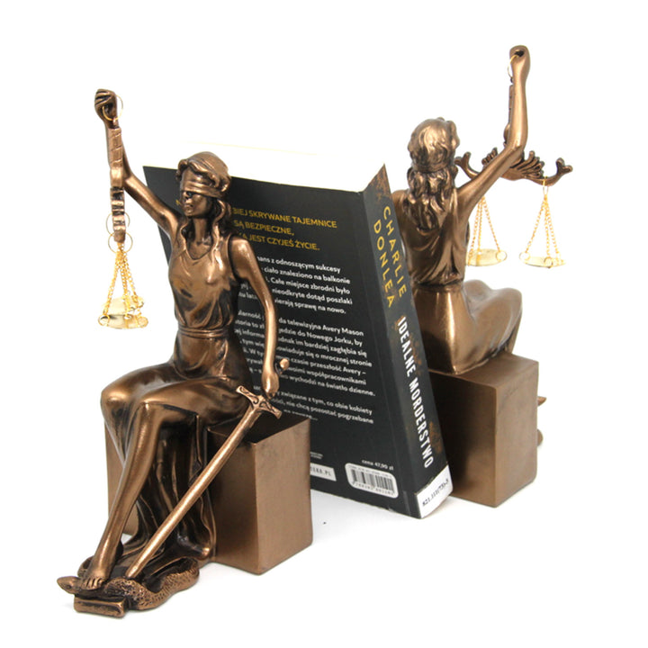 Figurky Themis s váhami a mečem, opěrky na knihy, královna Isabela, 2 kusy