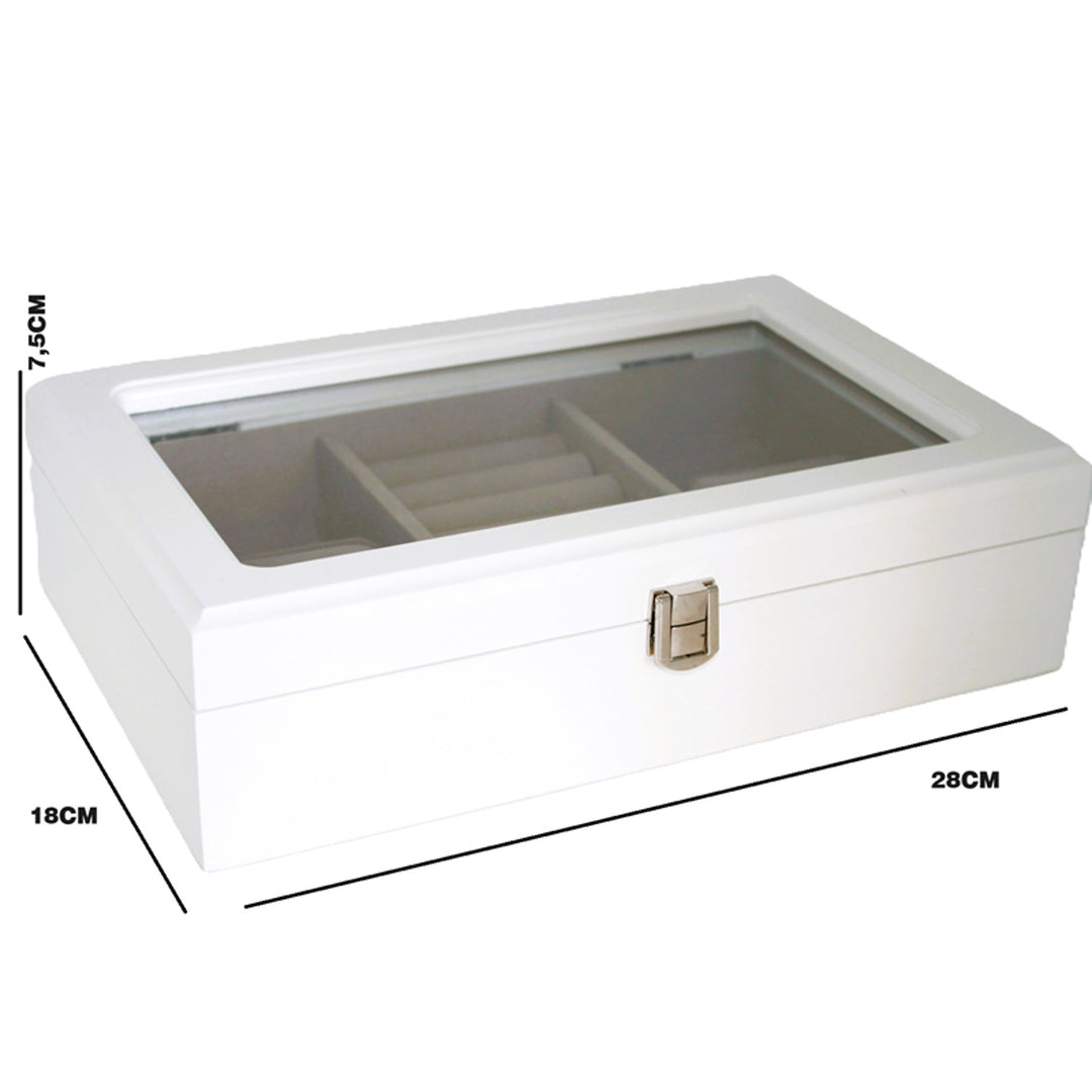 Šperkovnice, dřevěná, bílá, organizér, přihrádky, skleněné víko, Queen Isabel