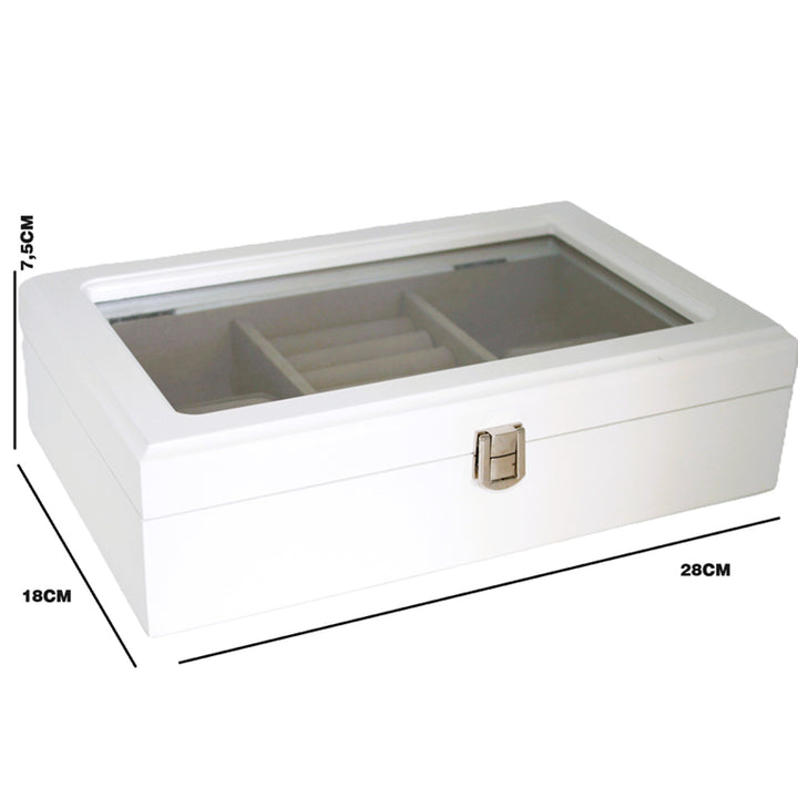 Šperkovnice, dřevěná, bílá, organizér, přihrádky, skleněné víko, Queen Isabel