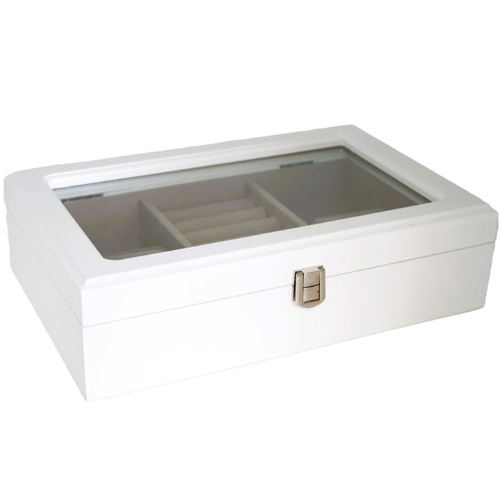 Šperkovnice, dřevěná, bílá, organizér, přihrádky, skleněné víko, Queen Isabel