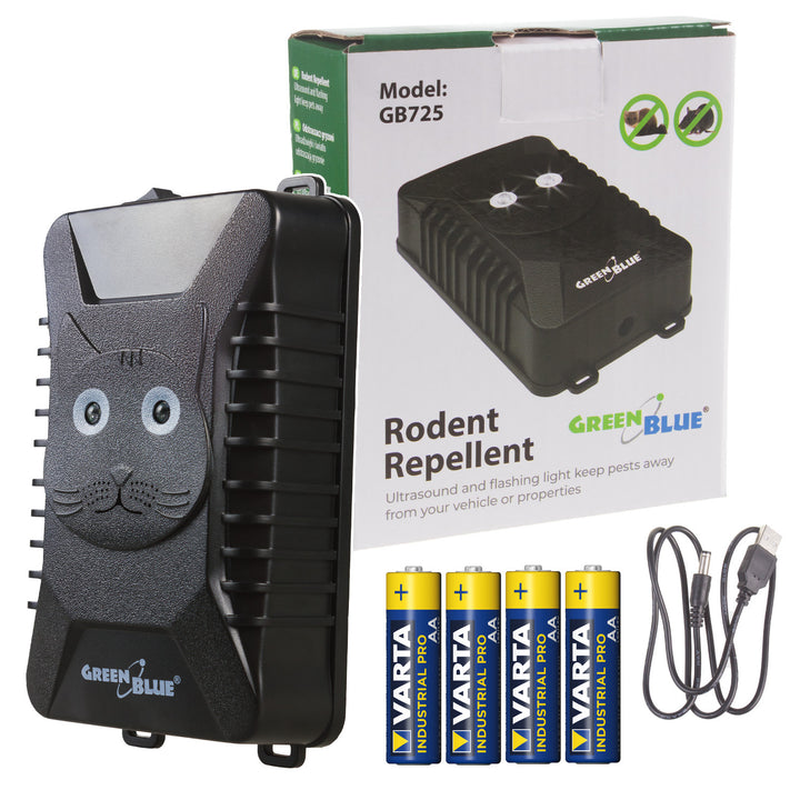 GreenBlue GB725 odpuzovač hlodavců a kun s ultrazvukem a LED + 4x baterie AA Varta Industrial