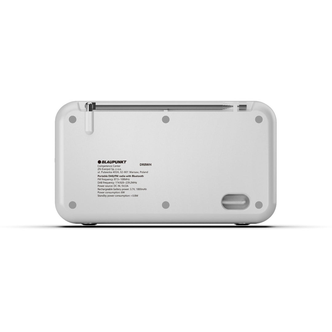 Přenosné rádio Blaupunkt, digitální rádio DAB+ a FM tuner, Bluetooth, výstup na sluchátka, 2,4" barevný displej, funkce hodin a budíku, napájení z baterie a dobíjení přes USB-C, DR8WH