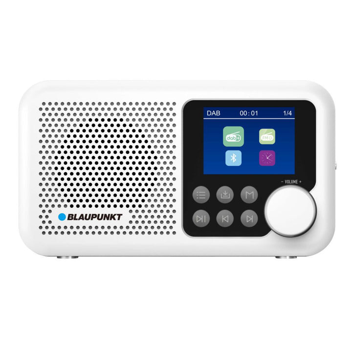 Přenosné rádio Blaupunkt, digitální rádio DAB+ a FM tuner, Bluetooth, výstup na sluchátka, 2,4" barevný displej, funkce hodin a budíku, napájení z baterie a dobíjení přes USB-C, DR8WH