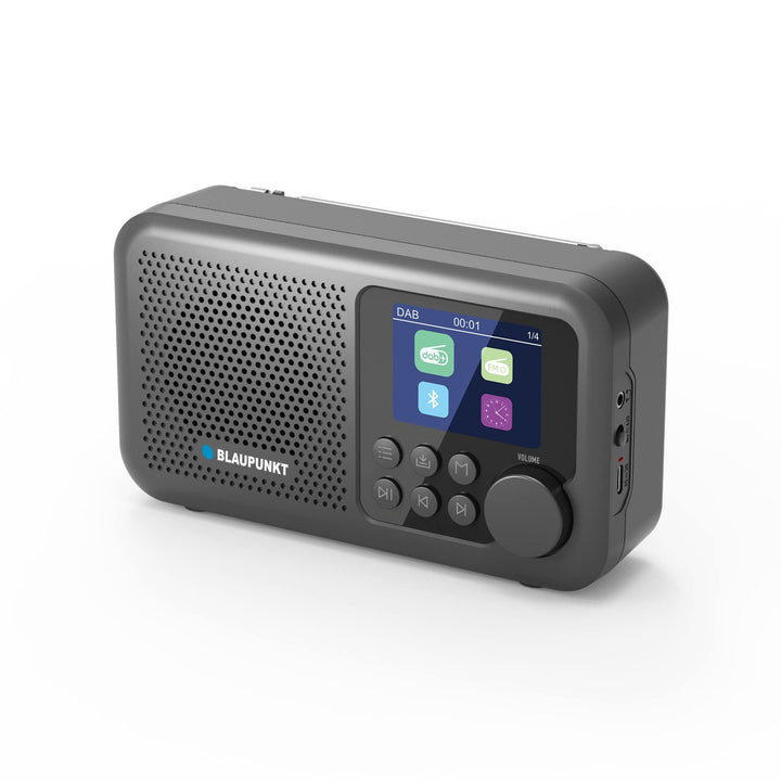 Přenosné rádio Blaupunkt, digitální rádio DAB+ a FM tuner, Bluetooth, výstup na sluchátka, 2,4" barevný displej, funkce hodin a budíku, napájení z baterie a dobíjení přes USB-C, DR8BK