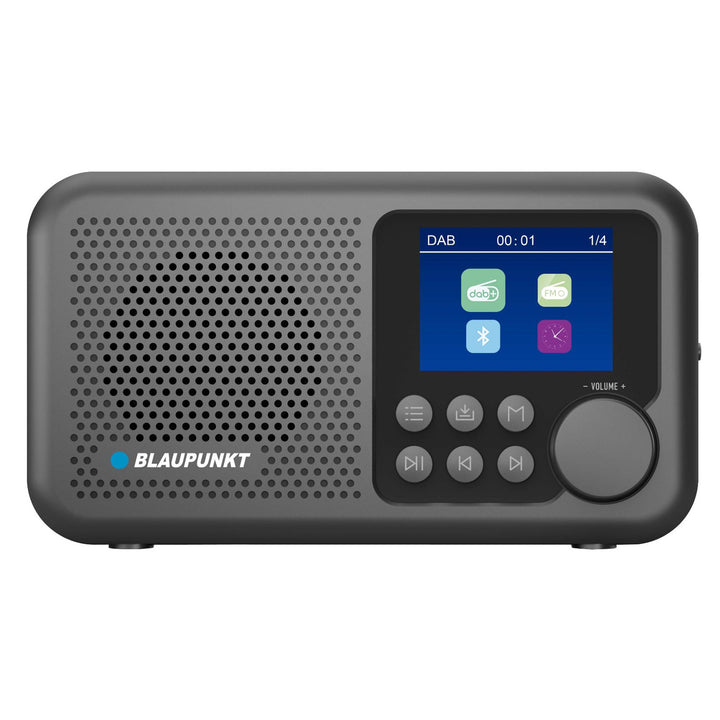 Přenosné rádio Blaupunkt, digitální rádio DAB+ a FM tuner, Bluetooth, výstup na sluchátka, 2,4" barevný displej, funkce hodin a budíku, napájení z baterie a dobíjení přes USB-C, DR8BK
