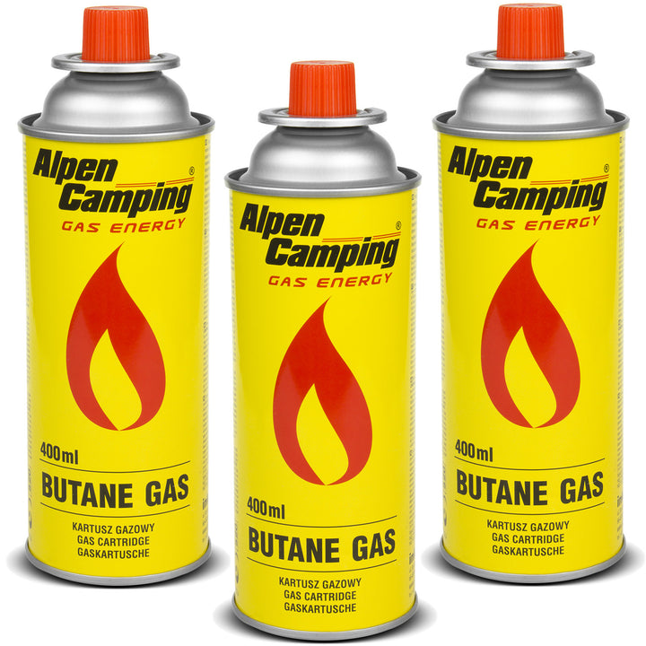 Plynová kartuše 400ml Alpen Camping. Certifikát: Pi 0875, splňuje EN417, izobutan, provozní rozsah -10°C až + 40°C, IK004, 3 ks.