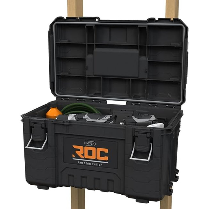 Nástrojová bedna Keter ROC Pro Gear 2.0, nosnost 54 kg, vybavená úchyty Pro Mount, s přiloženým organizérem, možnost zavěšení na zeď, 256984