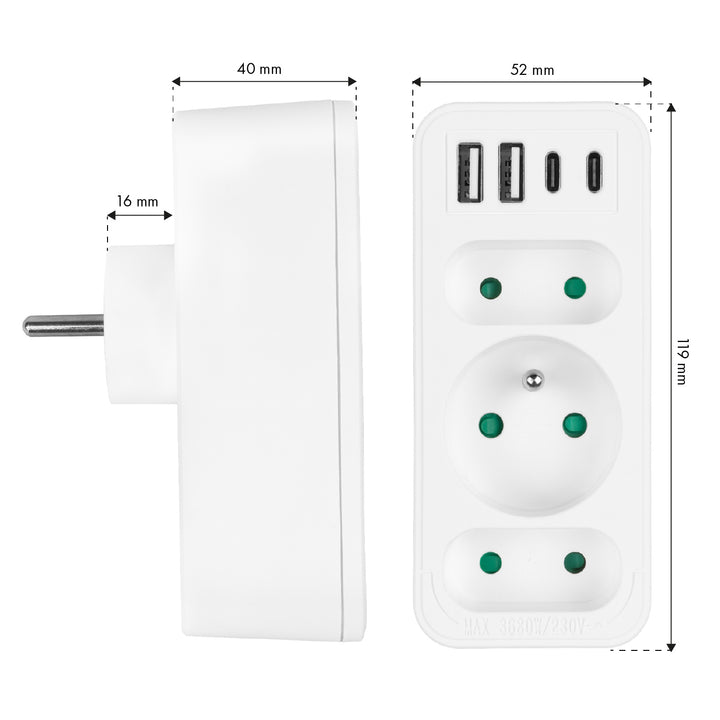 Proudová zásuvka x3 + 4xUSB Maclean, 3-zásuvkový rozdělovač, 2xUSB A, 2xUSB C PD 20W, 1x16A + 2x6A, MCE248 F/W, 2 kusy
