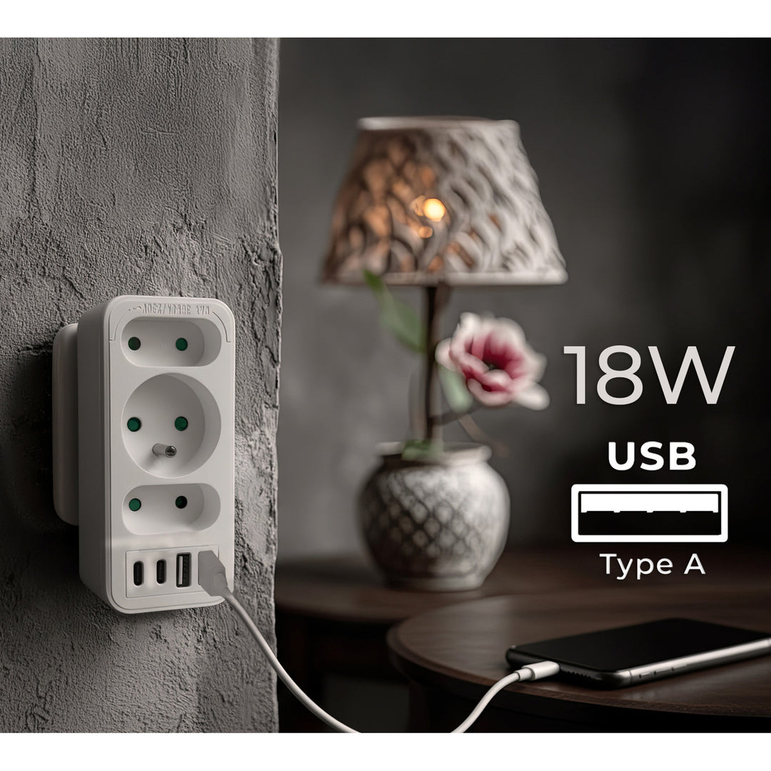 Proudová zásuvka x3 + 4xUSB Maclean, 3-zásuvkový rozdělovač, 2xUSB A, 2xUSB C PD 20W, 1x16A + 2x6A, MCE248 F/W, 2 kusy