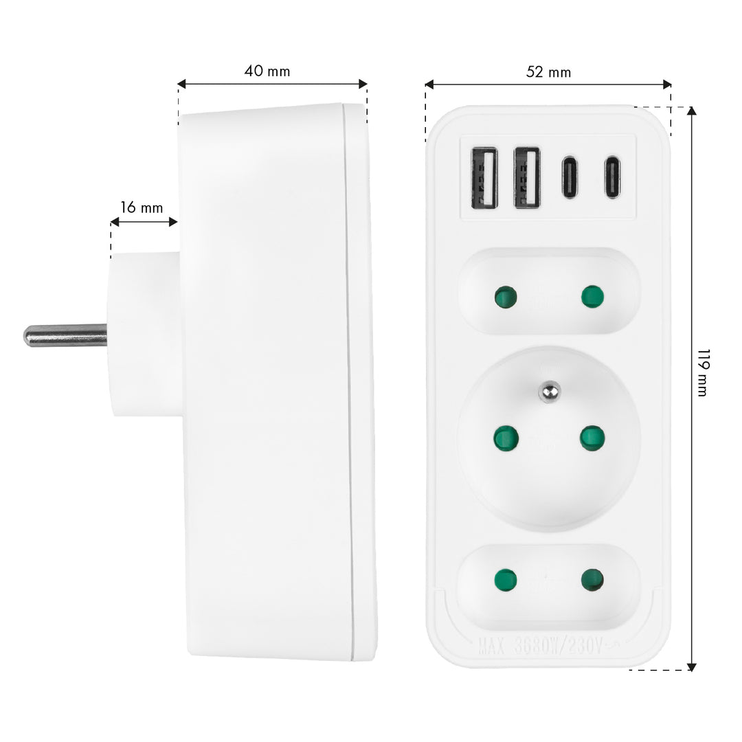 Proudová zásuvka x3 + 4xUSB Maclean, 3-zásuvkový rozdělovač, 2xUSB A, 2xUSB C PD 20W, 1x16A + 2x6A, MCE248 F/W, 3 kusy