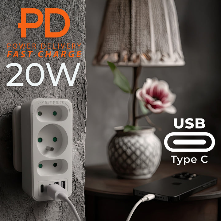 Proudová zásuvka x3 + 4xUSB Maclean, 3-zásuvkový rozdělovač, 2xUSB A, 2xUSB C PD 20W, 1x16A + 2x6A, MCE248 F/W, 3 kusy