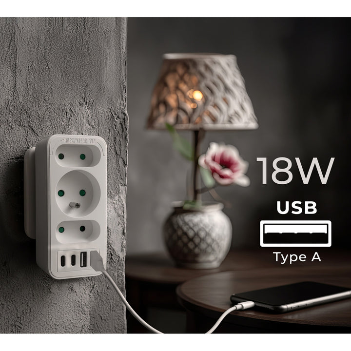 Proudová zásuvka x3 + 4xUSB Maclean, 3-zásuvkový rozdělovač, 2xUSB A, 2xUSB C PD 20W, 1x16A + 2x6A, MCE248 F/W, 3 kusy