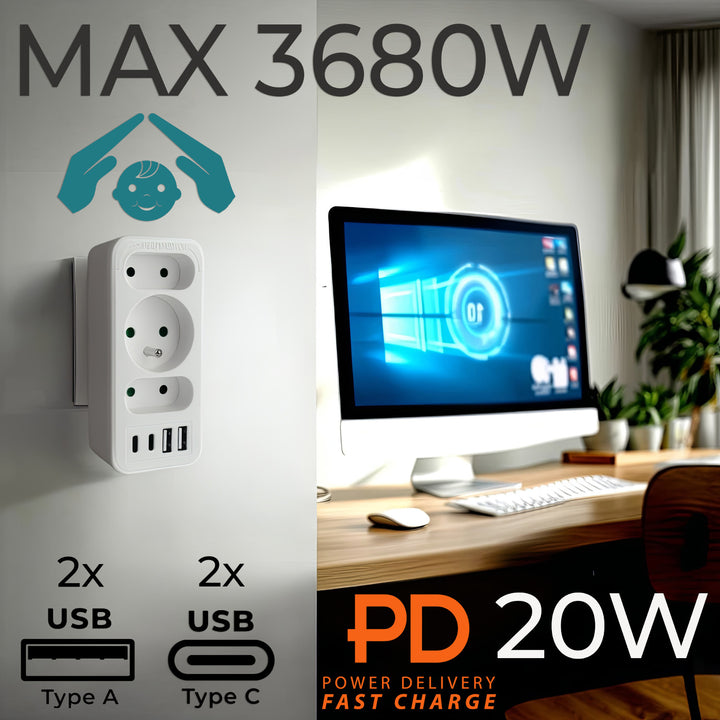 Proudová zásuvka x3 + 4xUSB Maclean, 3-zásuvkový rozdělovač, 2xUSB A, 2xUSB C PD 20W, 1x16A + 2x6A, MCE248 F/W, 3 kusy