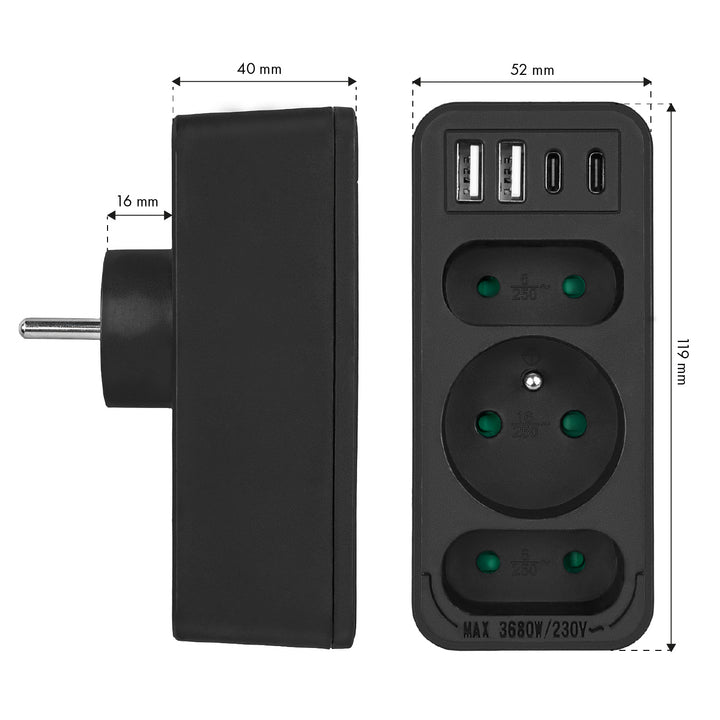 Proudová zásuvka x3 + 4xUSB Maclean, 3-zásuvkový rozbočovač, 2xUSB A, 2xUSB C PD 20W, 1x16A + 2x6A, MCE248 F/B, 2 kusy