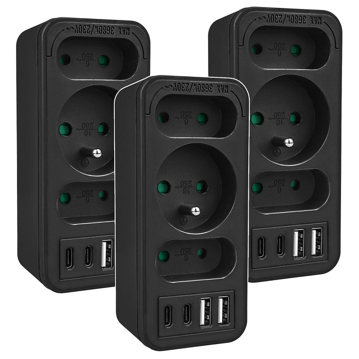 Proudová zásuvka x3 + 4xUSB Maclean, 3-zásuvkový rozdělovač, 2xUSB A, 2xUSB C PD 20W, 1x16A + 2x6A, MCE248 F/B, 3 kusy