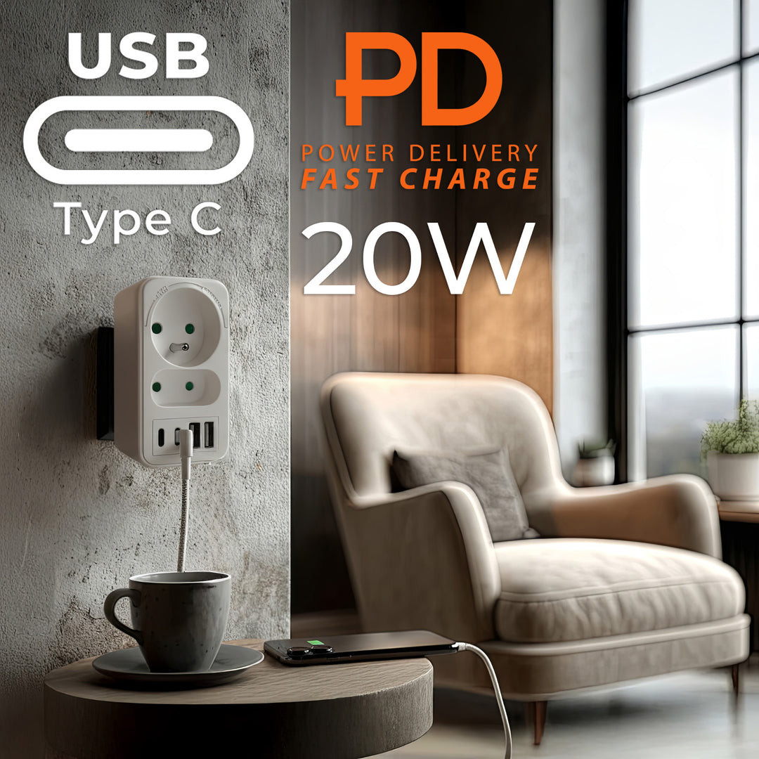 Proudová zásuvka Maclean x2 + 4xUSB, rozbočovač se 2 zásuvkami, 2xUSB A, 2xUSB C PD 20W, 1x16A + 1x6A, MCE249 F/W, 2 kusy