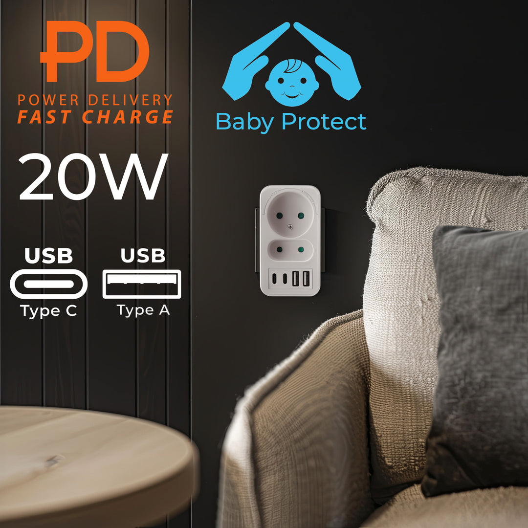 Proudová zásuvka Maclean x2 + 4xUSB, rozbočovač se 2 zásuvkami, 2xUSB A, 2xUSB C PD 20W, 1x16A + 1x6A, MCE249 F/W, 2 kusy