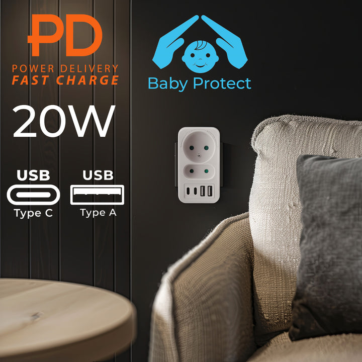 Proudová zásuvka Maclean x2 + 4xUSB, rozbočovač se 2 zásuvkami, 2xUSB A, 2xUSB C PD 20W, 1x16A + 1x6A, MCE249 F/W, 2 kusy