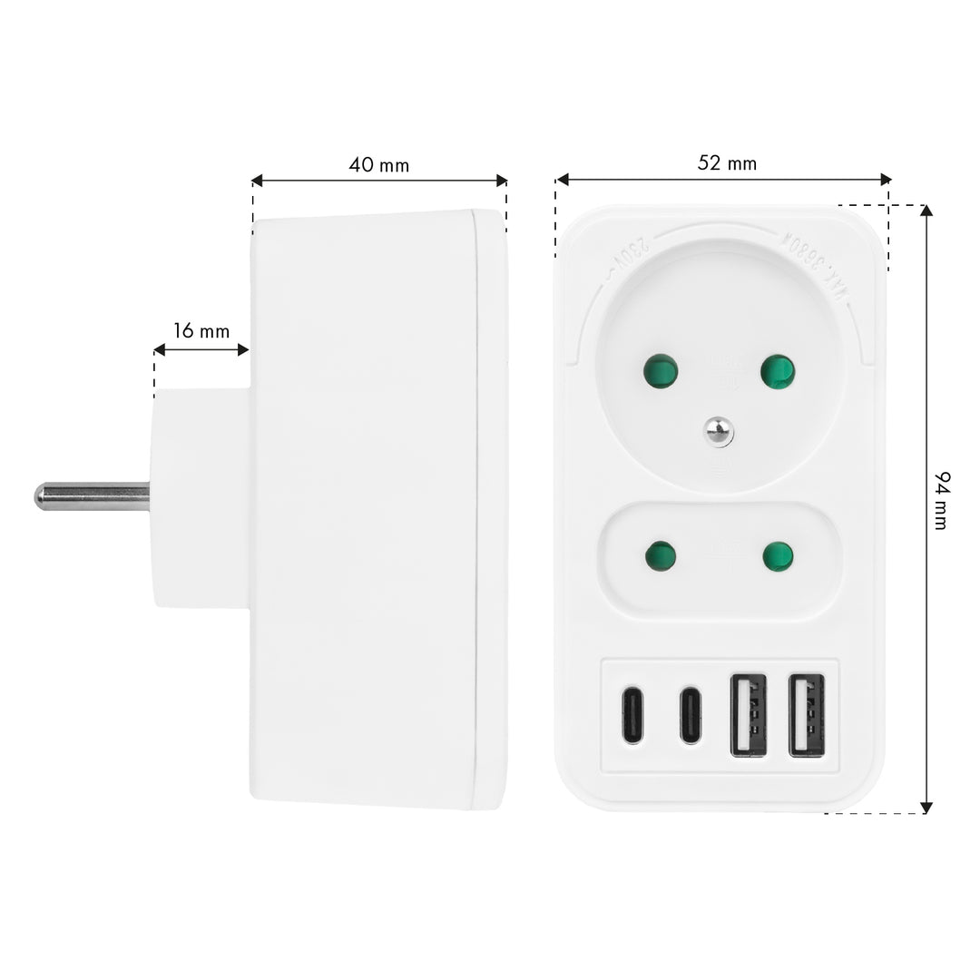 Proudová zásuvka Maclean x2 + 4xUSB, rozbočovač se 2 zásuvkami, 2xUSB A, 2xUSB C PD 20W, 1x16A + 1x6A, MCE249 F/W, 3 kusy
