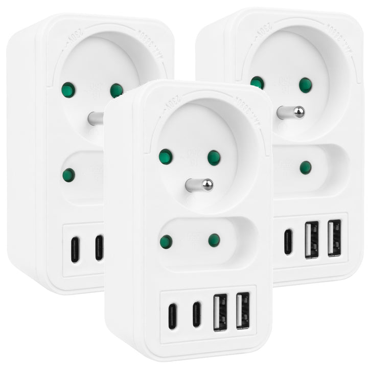 Proudová zásuvka Maclean x2 + 4xUSB, rozbočovač se 2 zásuvkami, 2xUSB A, 2xUSB C PD 20W, 1x16A + 1x6A, MCE249 F/W, 3 kusy