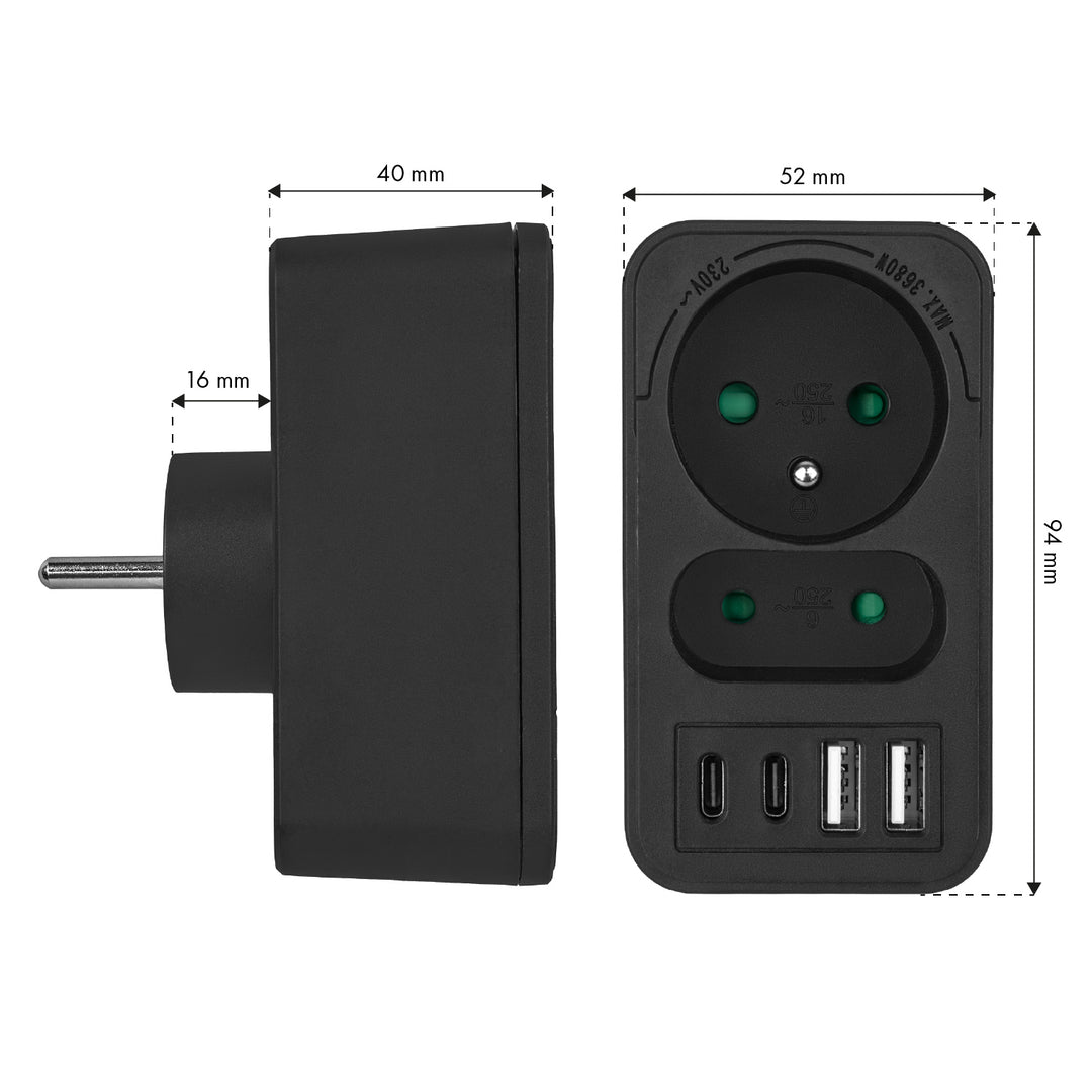 Proudová zásuvka Maclean x2 + 4xUSB, rozbočovač se 2 zásuvkami, 2xUSB A, 2xUSB C PD 20W, 1x16A + 1x6A, MCE249 F/B, 3 kusy