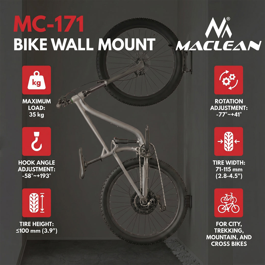 Nástěnný držák na kola Maclean, max. nosnost 35 kg, nastavitelný úhel sklonu, ocel, MC-171