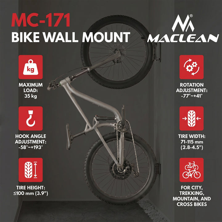Nástěnný držák na kola Maclean, max. nosnost 35 kg, nastavitelný úhel sklonu, ocel, MC-171