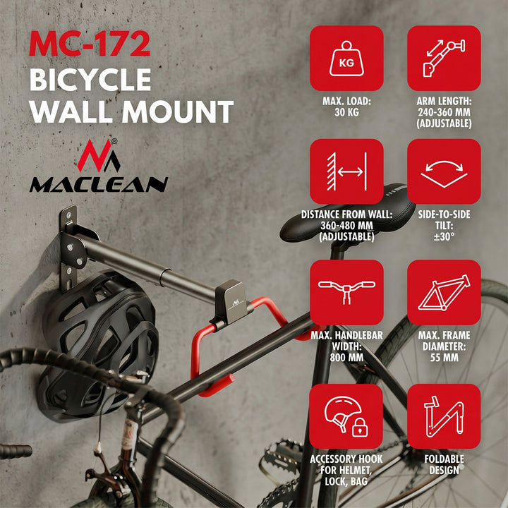 Nástěnný držák na kola Maclean, horizontální, ocel, max. nosnost 30 kg, nastavení úhlu, MC-172