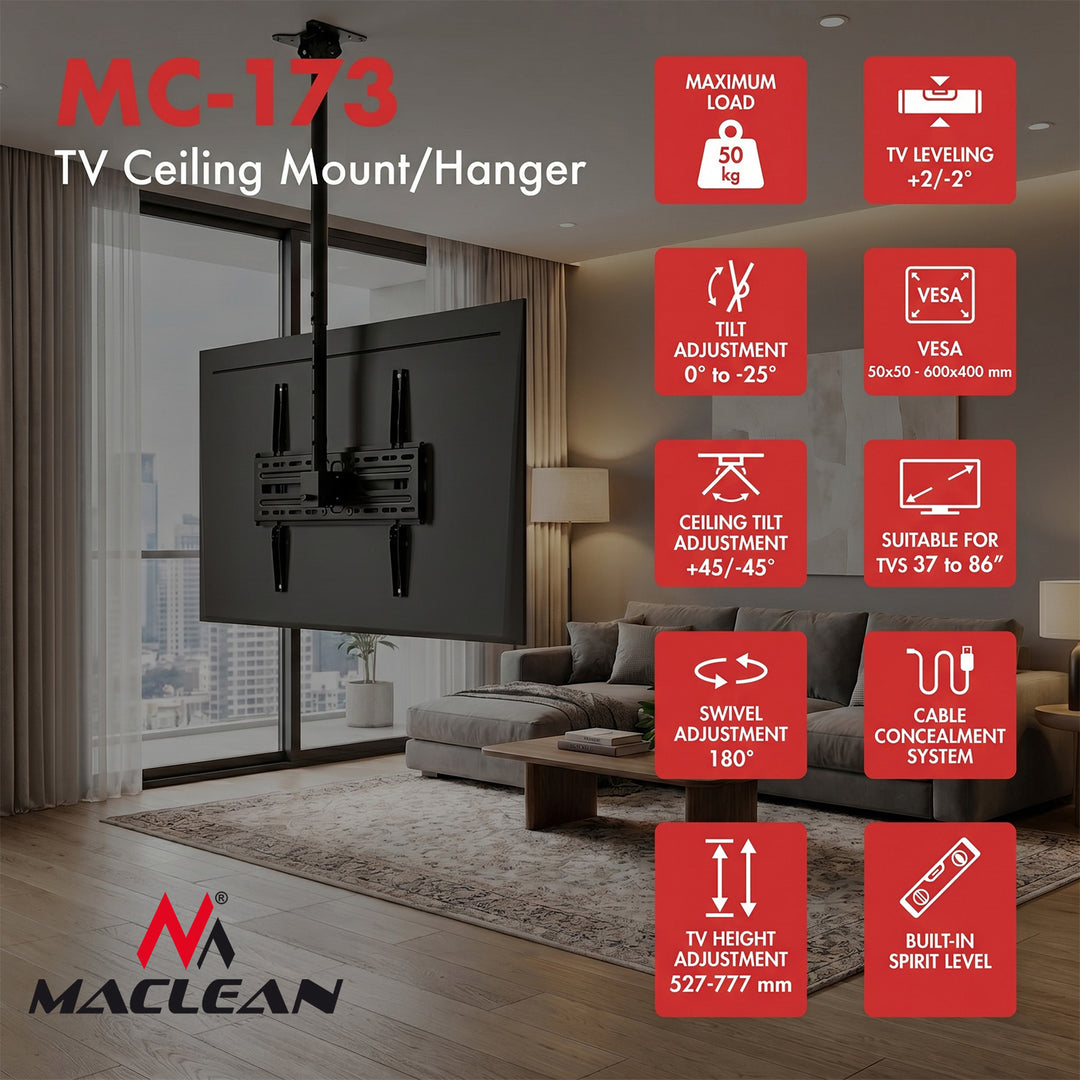 Stropní držák / závěs na televizor Maclean, max. nosnost 50 kg, 37–86", max. VESA 600 × 400, MC-173