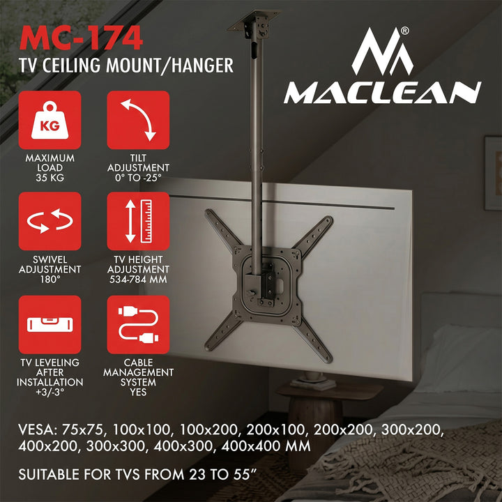 Stropní držák / závěs na televizor Maclean, max. nosnost 35 kg, 23–55", max. VESA 400 × 400, MC-174