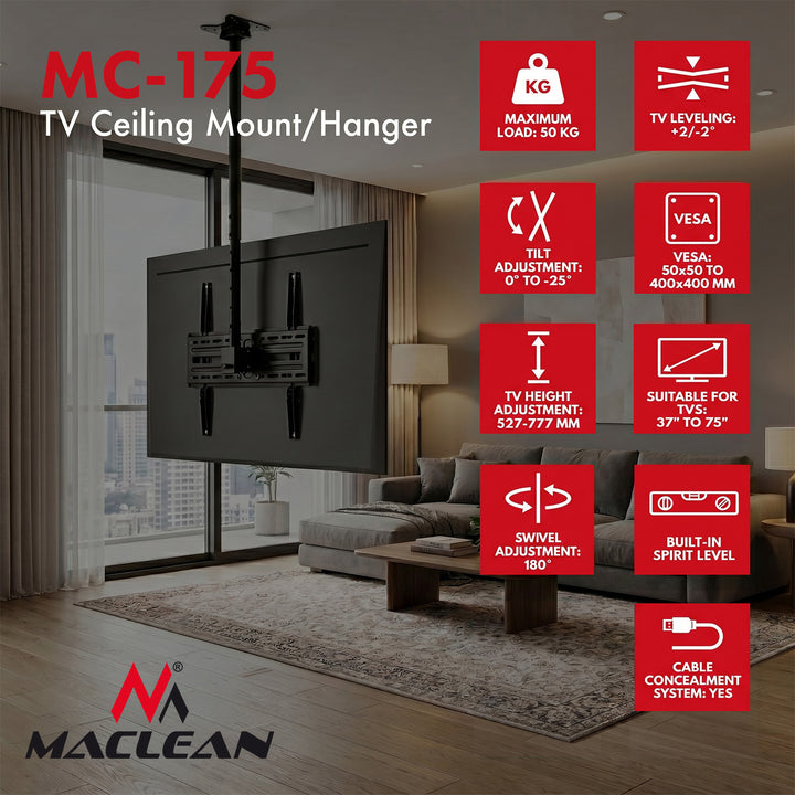 Stropní držák / závěs na televizor Maclean, max. nosnost 50 kg, 37–75", max. VESA 400×400, MC-175