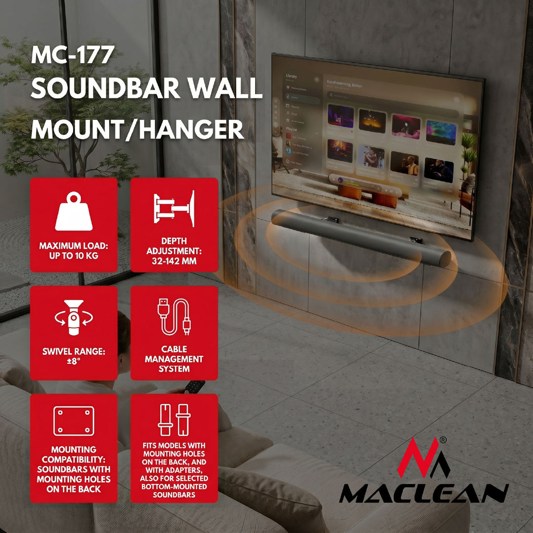 Držák / nástěnný závěs na soundbar Maclean, nastavení úhlu +8°~-8°, max. zatížení 10 kg, z oceli, MC-177