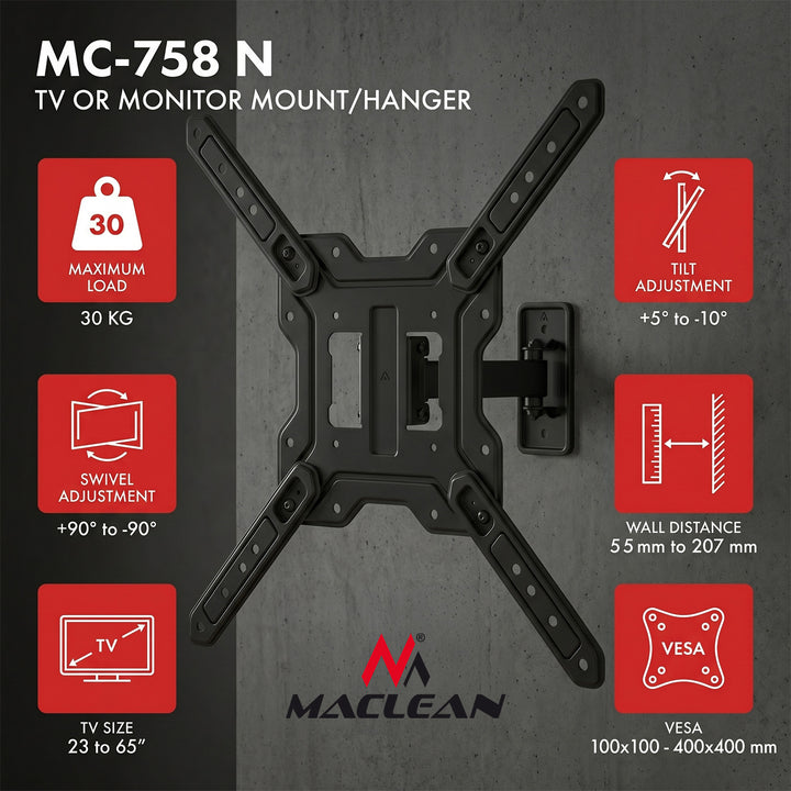 Držák / závěs na televizor nebo monitor Maclean, max. 23–65", max. nosnost 30 kg, univerzální, max. VESA 400×400, MC-758 N