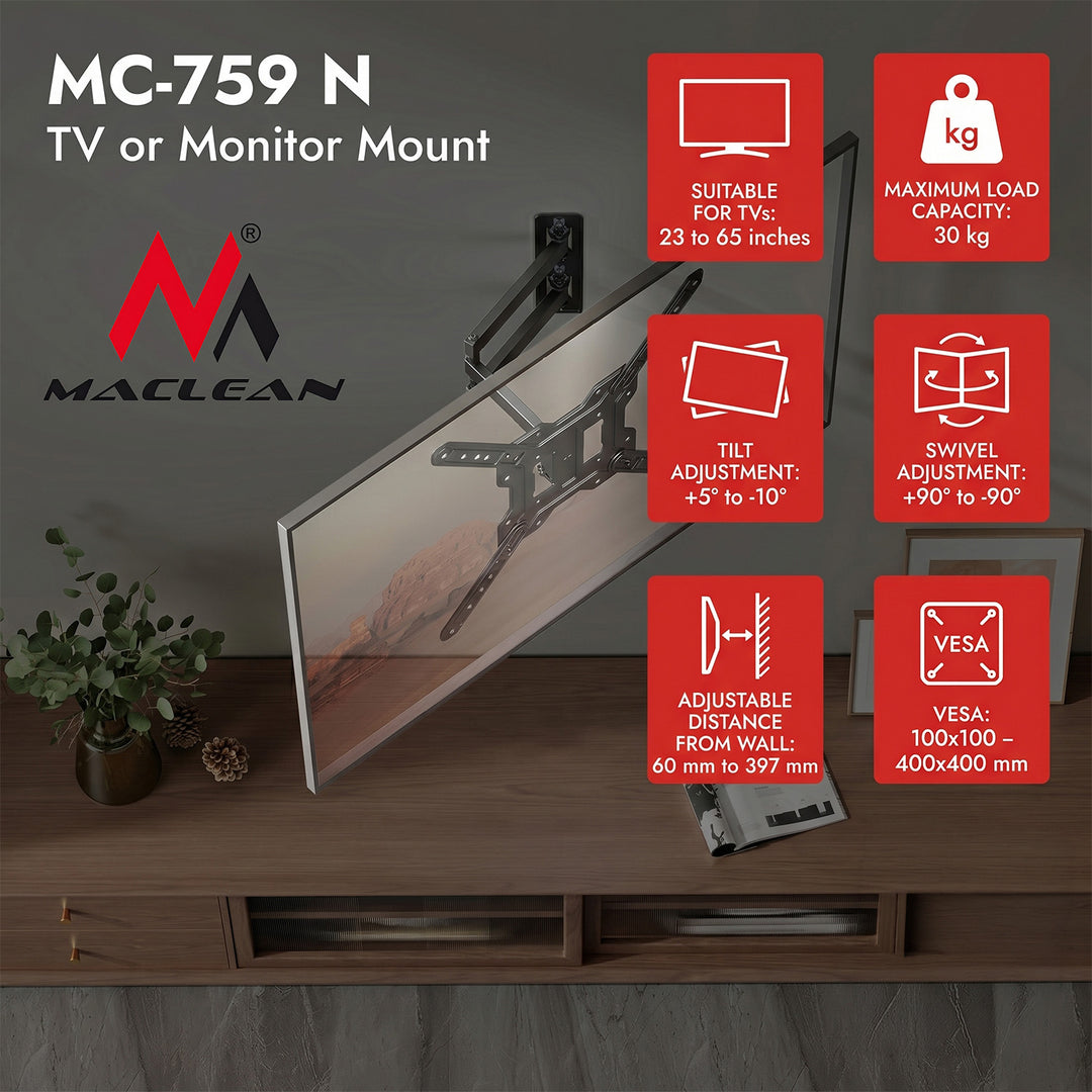 Držák / závěs na televizor nebo monitor Maclean, max. 23–65", max. nosnost 30 kg, univerzální, max. VESA 400×400, MC-759 N