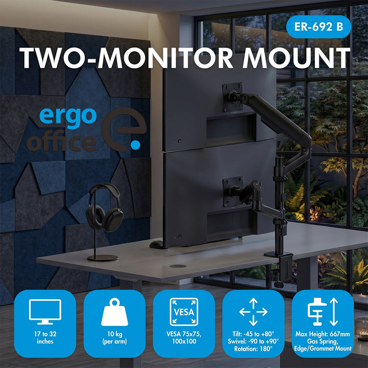 Držák / závěs na 2 monitory Ergo Office, plynová pružina, 17"–32", 1–10 kg, matná černá, ER-692 B
