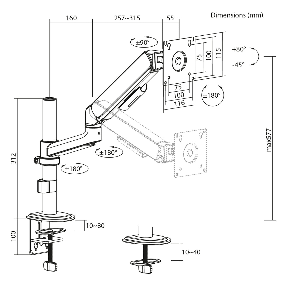 Držák / závěs na monitor Ergo Office, plynová pružina, 17"–32", 1–10 kg, matná černá, max. VESA 100×100, ER-691 B