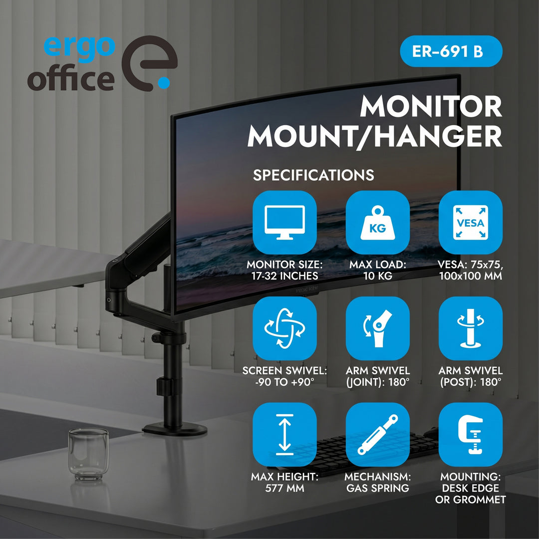Držák / závěs na monitor Ergo Office, plynová pružina, 17"–32", 1–10 kg, matná černá, max. VESA 100×100, ER-691 B