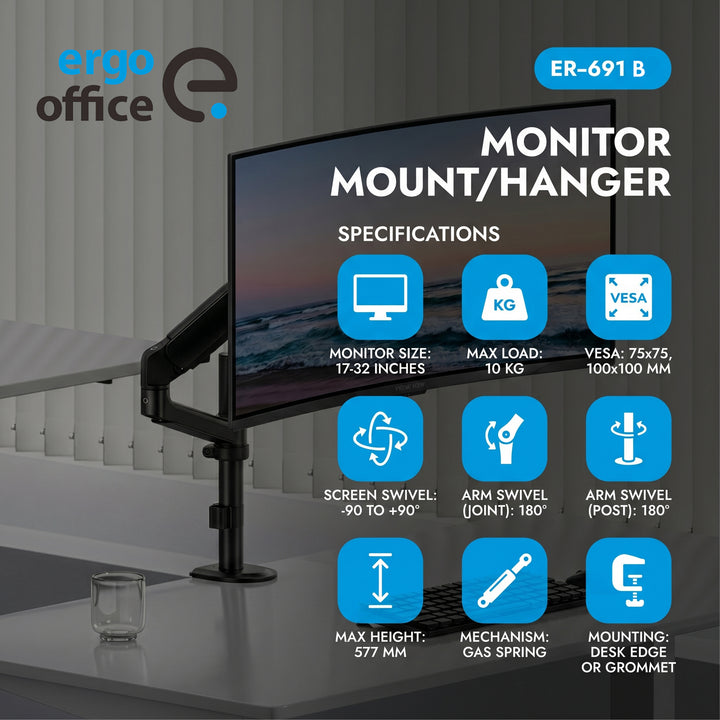 Držák / závěs na monitor Ergo Office, plynová pružina, 17"–32", 1–10 kg, matná černá, max. VESA 100×100, ER-691 B