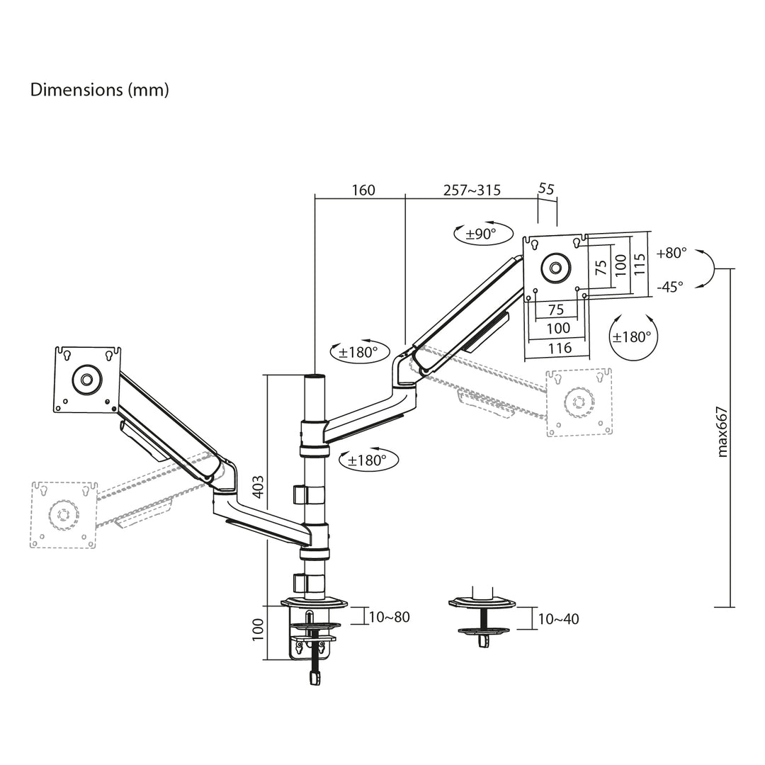 Držák / závěs na 2 monitory Ergo Office, plynová pružina, 17"–32", 1–10 kg, matná bílá, ER-692 W