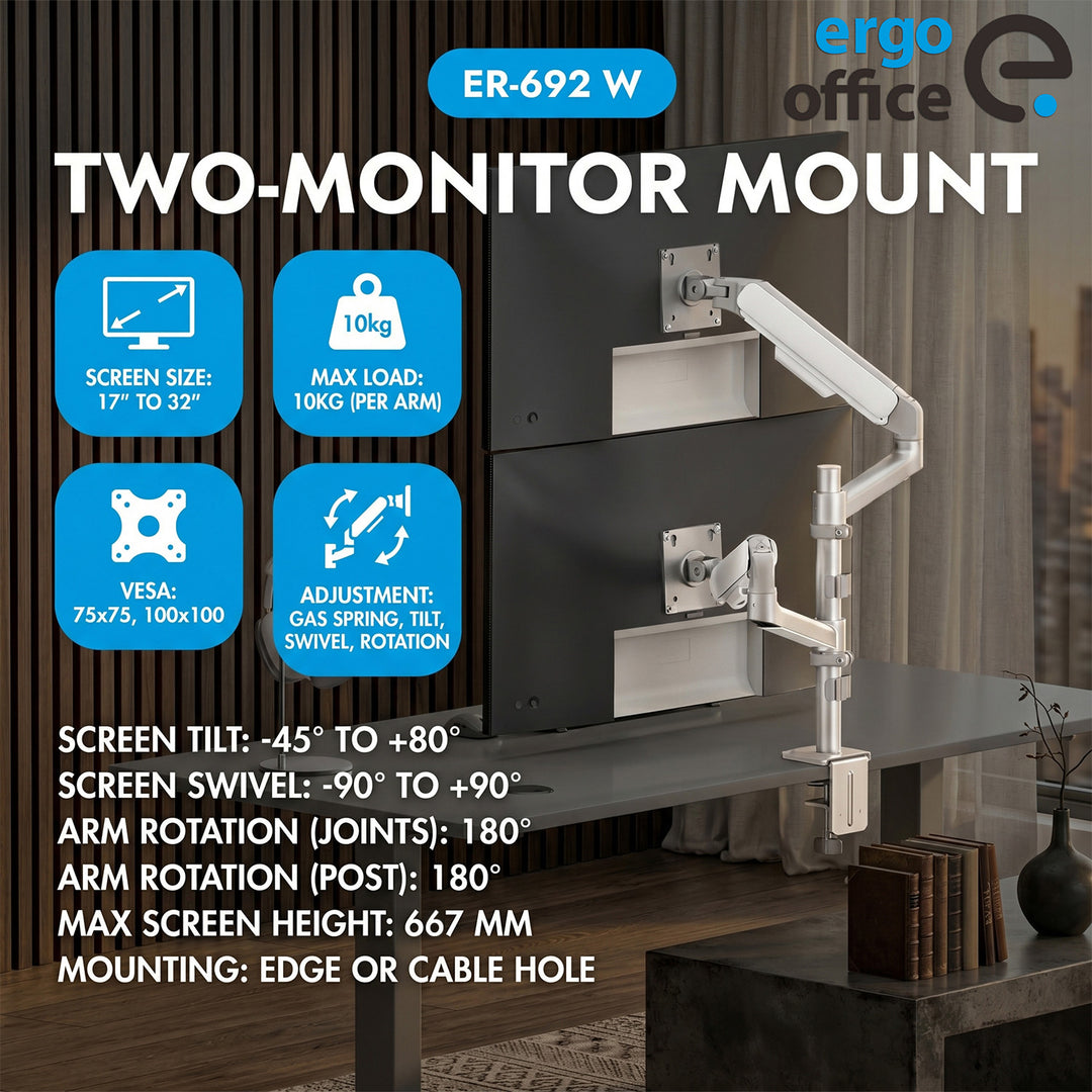 Držák / závěs na 2 monitory Ergo Office, plynová pružina, 17"–32", 1–10 kg, matná bílá, ER-692 W