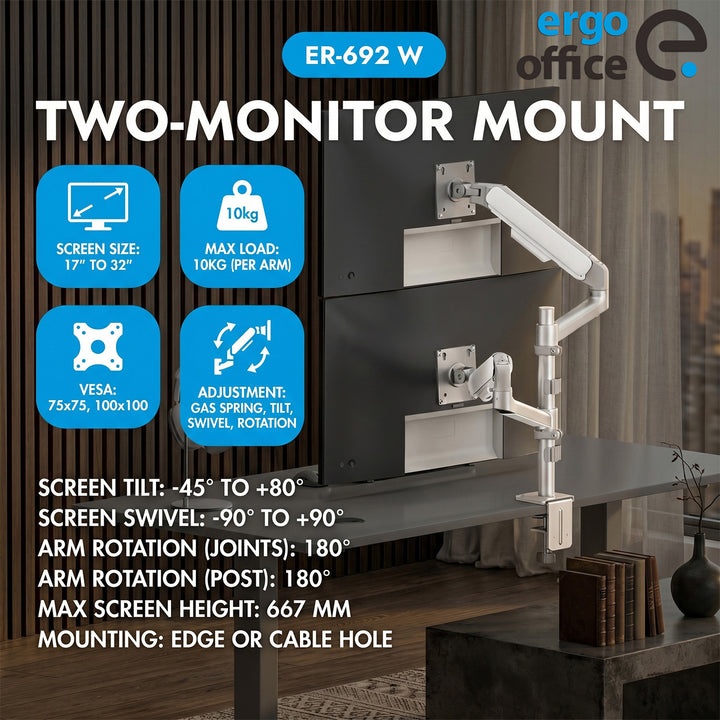 Držák / závěs na 2 monitory Ergo Office, plynová pružina, 17"–32", 1–10 kg, matná bílá, ER-692 W