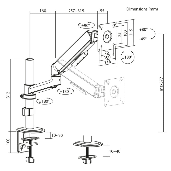Držák / závěs na monitor Ergo Office, plynová pružina, 17"–32", 1–10 kg, matná bílá, max. VESA 100×100, ER-691 W