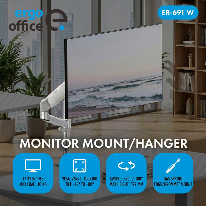 Držák / závěs na monitor Ergo Office, plynová pružina, 17"–32", 1–10 kg, matná bílá, max. VESA 100×100, ER-691 W