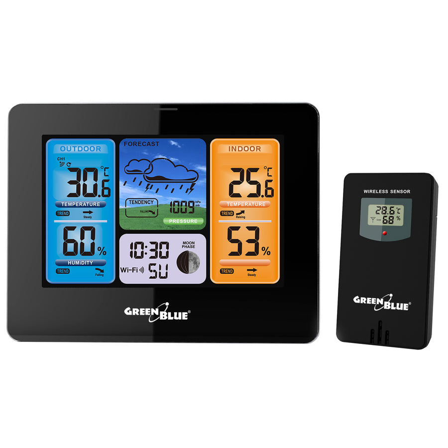 Meteorologická stanice GreenBlue WiFi, kompatibilní s TUYA, venkovní senzor, kalendář, předpověď počasí, barometr, napájecí adaptér, baterie, GB215