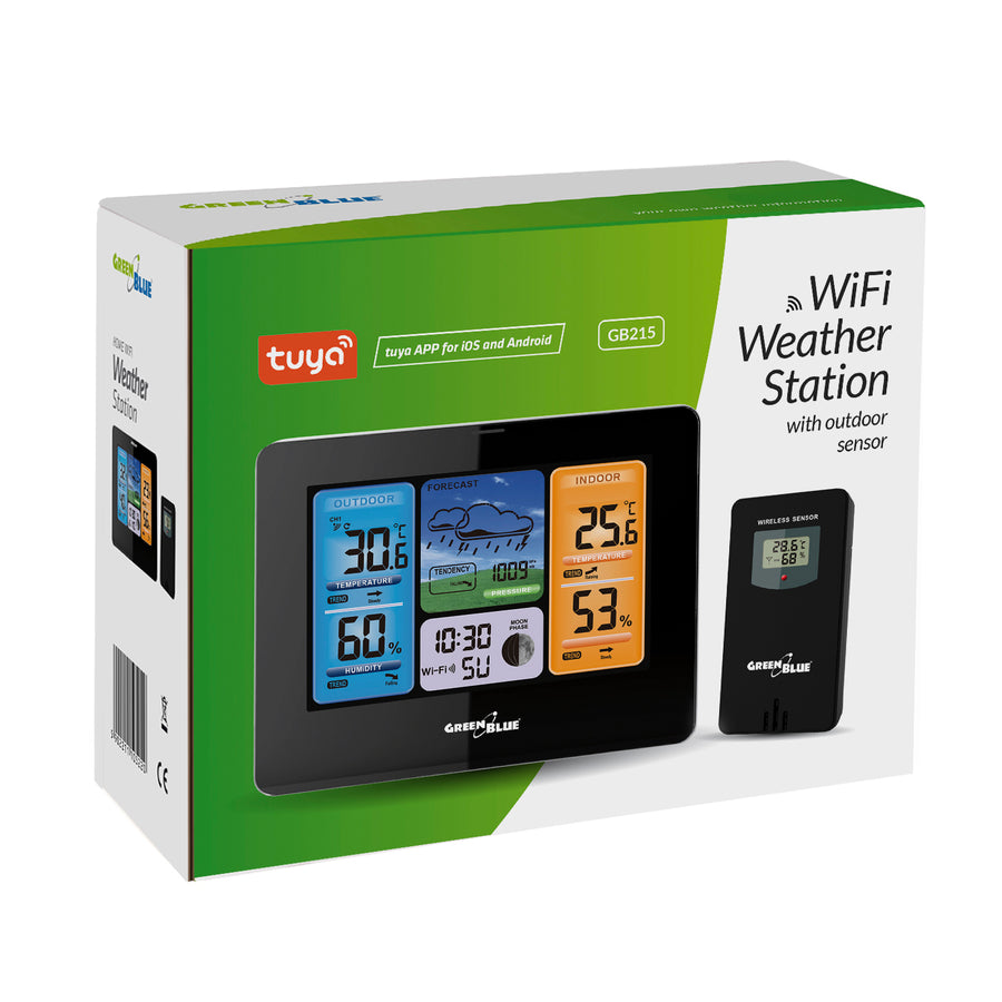 Meteorologická stanice GreenBlue WiFi, kompatibilní s TUYA, venkovní senzor, kalendář, předpověď počasí, barometr, napájecí adaptér, baterie, GB215