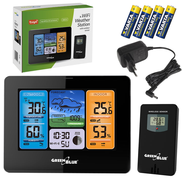 Meteorologická stanice GreenBlue WiFi, kompatibilní s TUYA, venkovní senzor, kalendář, předpověď počasí, barometr, napájecí adaptér, baterie, GB215