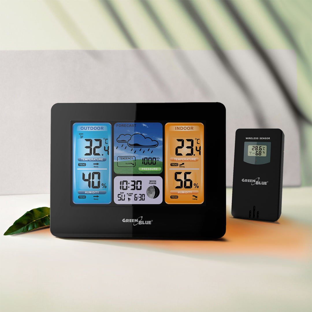 Bezdrátová meteostanice GreenBlue, barevná, s DCF, fáze měsíce, napájecí adaptér, baterie, GB526