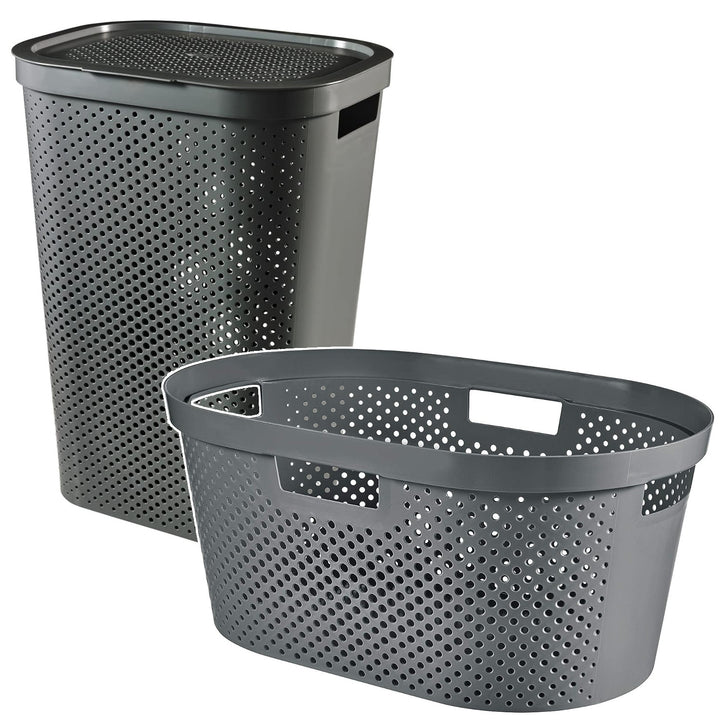 Curver Infinity Recyklovaný koš na prádlo, objem 40 l, tmavě šedý, 100% recyklovaný, 245675 + Curver Infinity Recyklovaný koš na prádlo 60 l